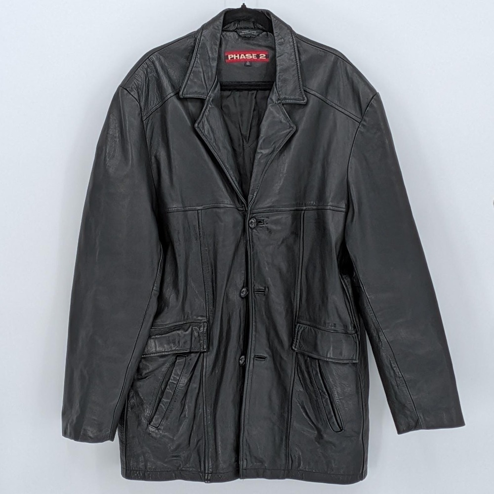 Vintage Phase 2 $325 XL Tall Black Genuine Leather Moto Biker Blazer Jacket Coat